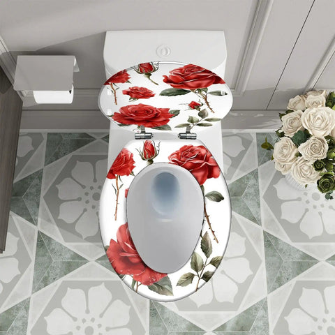 Quiet Close Elongated Toilet Seat for Bathroom with red rose design on a white surface, top view with floral decor.
