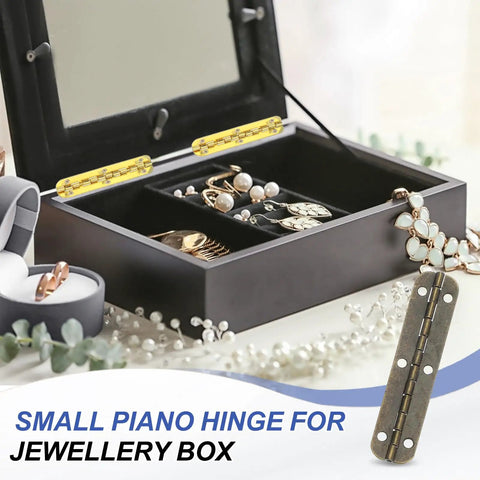 Top Shelf Rock Solid 180 Degree Mini Piano Hinges For Small Jewelry Wooden Boxes With Screws Dead Smooth Operation Heavy Duty Metal Craft Hardware Bronze Tone Pack Of Four with jewelry box.