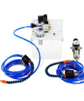 Heavy Duty Coolant Spray Pump Kit Featuring Self Priming Micro Mist Action and Dual Spray Nozzles with clear tank and blue hoses.