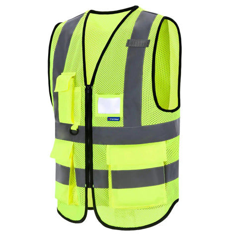 High Visibility Mesh Safety Vest With Pockets And Zipper, Reflective Hi Vis Vest For Running, Biking, Construction Sites, Yellow Mesh, Size Large