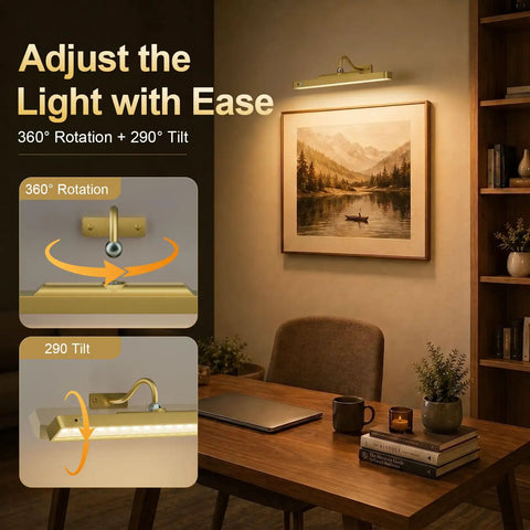 Premium Rechargeable Motion Sensor Picture Light Gold Wall Mounted Frame Illuminator with 360° rotation and 290° tilt adjustment.