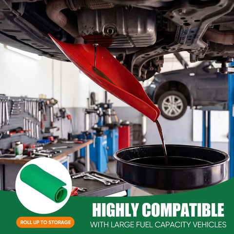Three Piece Silicone Oil Drain Funnel Set For Spill Free Oil Changes in use under a car draining oil into a black pan