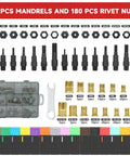 Rivet Nut Tool Kit With 16 Inch Handle 180 Piece Rivnut And Mandrel Set Includes 15 Metric And SAE Mandrels Rugged Carrying Case