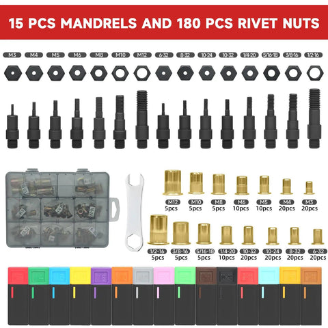 Rivet Nut Tool Kit With 16 Inch Handle 180 Piece Rivnut And Mandrel Set Includes 15 Metric And SAE Mandrels Rugged Carrying Case