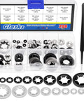 Front view of Glarks 208-piece internal-tooth star washer set with tweezers in clear case; 9 sizes, black and silver.