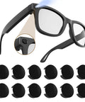 Restickable Blackout Light Blocking Stickers for Meta Smart Glasses, 12-pack, shown with dark privacy fit on Wayfarer Skyler models.