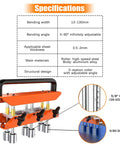 Three Station Edge Roller Bender With Locking Pliers For Roofing And Sheet Metal Pro Grade Side Bending Tool With 0 To 90 Degree Angles Adjustable From 0.5 To 5 Inches Bends Large Capacity Heavy Duty Metal Working Tool specifications.