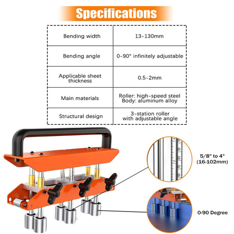Three Station Edge Roller Bender With Locking Pliers For Roofing And Sheet Metal Pro Grade Side Bending Tool With 0 To 90 Degree Angles Adjustable From 0.5 To 5 Inches Bends Large Capacity Heavy Duty Metal Working Tool specifications.