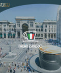 Cup of Italian espresso with cityscape backdrop, labeled Artuzzi. 120 Count Nespresso Compatible Coffee Pods Go To Variety Pack For Original Machines Ristretto Espresso And Lungo Capsules Aluminum And Recyclable Packaging Today.