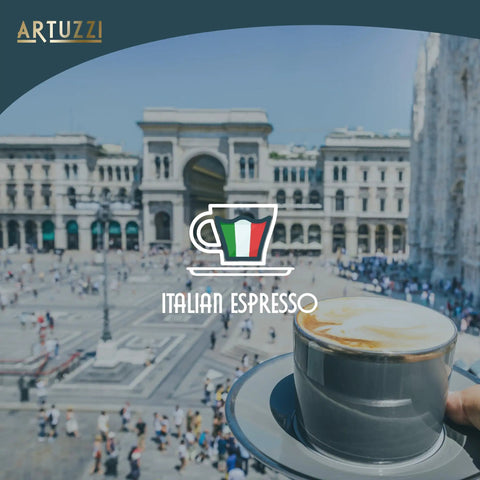 Cup of Italian espresso with cityscape backdrop, labeled Artuzzi. 120 Count Nespresso Compatible Coffee Pods Go To Variety Pack For Original Machines Ristretto Espresso And Lungo Capsules Aluminum And Recyclable Packaging Today.