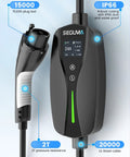 Detailed view of Road Ready Heavy Duty Level One And Two Electric Vehicle Wall Charger With Nema 14 30 Plug And J1772 Connector.