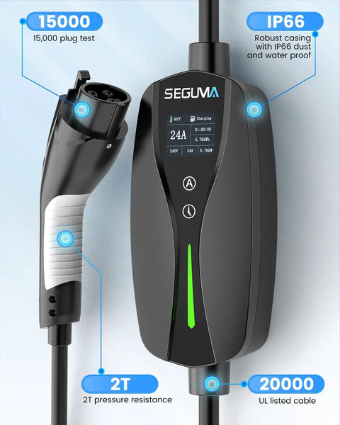 Detailed view of Road Ready Heavy Duty Level One And Two Electric Vehicle Wall Charger With Nema 14 30 Plug And J1772 Connector.