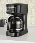 Sleek Black 12 Cup Programmable Drip Coffee Maker With Bold Brew Control Auto Timer Programmable LED Display on countertop.