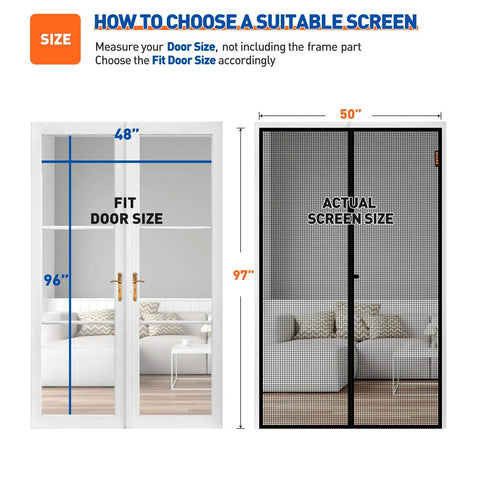 Diagram showing fit door size and actual screen size for Magnetic Screen Door For 48 By 96 Inch Openings Fits 50 By 97 Inch Mesh Curtain
