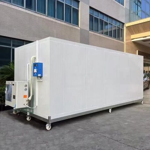 Built Tough Off Grid Modular Cold Room And Walk In Freezer System Featuring Solar Powered Blast Chiller For Commercial Food Storage With Quick Install And Rock Solid Cooling Output, large white container on wheels.