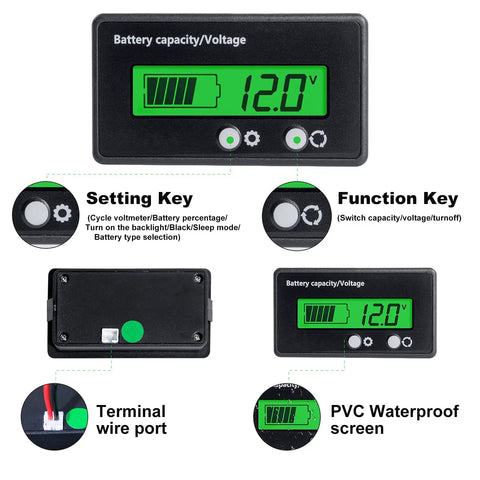 LCD display of Heavy Duty Battery Capacity Indicator And Digital Voltage Monitor For 12V To 84V Systems with green backlight