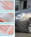4 Pack Clear Disposable Car Covers Waterproof All Weather Protection With Elastic Hem Fits Sedans SUVs And Small Cars For Outdoor Or Garage Use Snow Rain Dust Shield 12.4 Ft By 21.6 Ft covering car and details of thick polyethylene, elastic band.