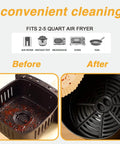 Comparison of air fryer basket before and after using Go-To 6.5 Inch Round Air Fryer Paper Liners, clean and easy cleanup.