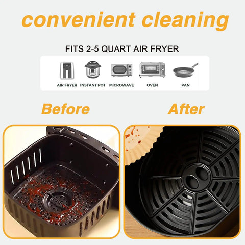 Comparison of air fryer basket before and after using Go-To 6.5 Inch Round Air Fryer Paper Liners, clean and easy cleanup.