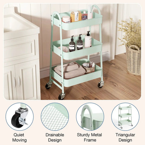 Three Tier Metal Rolling Cart With Lockable Casters For Living Room And Bath A Space Saving Mobile Storage Shelf For Narrow Spaces In Pale Green Smooth Rolling Casters For Quick Organization On The Go