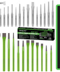 28 Piece Punch And Chisel Set with pin punches, taper punches, cold chisels, and center punches shown with storage pouch and box.