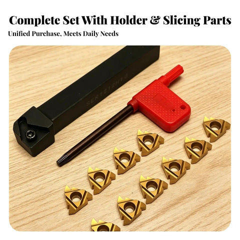 Pro Grade Lathe Threading Tool Holder Set SER1212H16 With Carbide Inserts And Wrench Rectangular Shank Secure Mount Alloy Steel Body Includes 10 Gold Triangular Inserts 13 Mm For Quick Threading And Recutting On CNC And Metalworking Projects. Black SER1212H16 holder with red wrench and 10 gold inserts