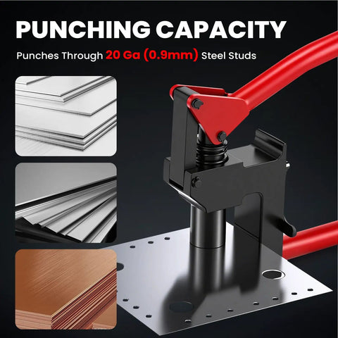 Heavy-Duty Metal Stud Punch Set punching 20 gauge steel with red manual lever for sheet metal and HVAC use