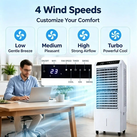 No Hose Portable Swamp Cooler Indoor Standing Air Conditioner With 120 Degree Wide Auto Oscillation and a Massive 10.6 Gallon Tank showing control panel with wind speed options.