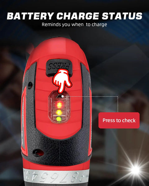 Battery charge indicator on Badass Cordless Electric Screwdriver Drill Set, showing status lights for easy checking.