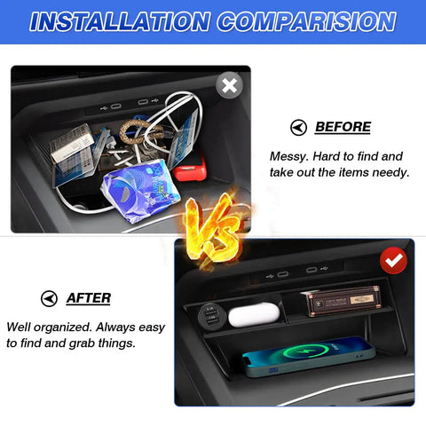 Comparison of messy vs organized car console with Center Console Organizer for VW Golf GTI R MK8 2022 2026 with Non Slip Silicone Mat