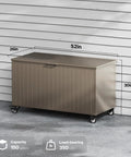 Outdoor Storage Box With Wheels 150 Gallon Wheeled Deck Box For Patio Waterproof and UV Resistant Brown shown with dimensions