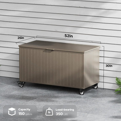 Outdoor Storage Box With Wheels 150 Gallon Wheeled Deck Box For Patio Waterproof and UV Resistant Brown shown with dimensions