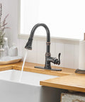 Oil Rubbed Bronze Kitchen Faucet With High Arc Gooseneck Pull Down Sprayer 3 Function Spray Head Single Handle installed over sink