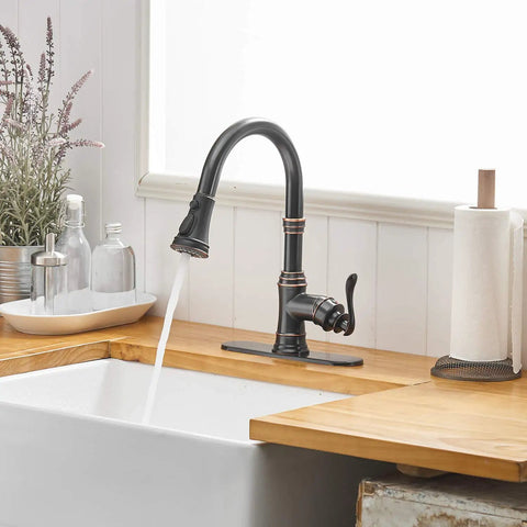 Oil Rubbed Bronze Kitchen Faucet With High Arc Gooseneck Pull Down Sprayer 3 Function Spray Head Single Handle installed over sink
