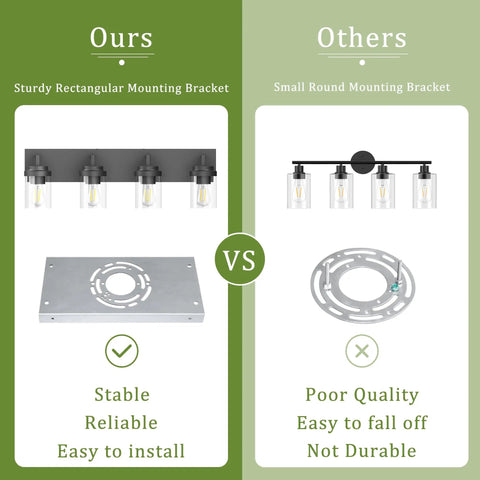 Comparison of mounting brackets for Dope Matte Black Vanity Light With Clear Glass Shades 30 Inch Farmhouse Bathroom Fixture For Over Mirror Durable Black Frame Bath Lighting Modern Rustic Style Easy Install