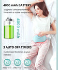Woman using Plus Size Portable Electric Heating Pad For Period Cramps, Cordless Waist Belt Heat Therapy in bed, light blue color.