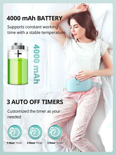 Woman using Plus Size Portable Electric Heating Pad For Period Cramps, Cordless Waist Belt Heat Therapy in bed, light blue color.