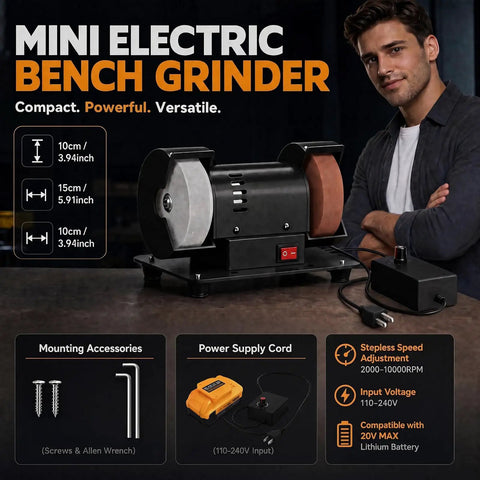 Cordless Mini Bench Grinder With Adjustable Speed And AC DC Dual Power features robust design and versatile use for metalwork.