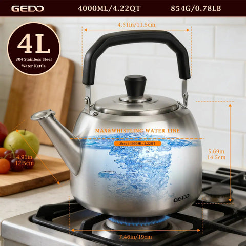 Image of Stainless Steel Whistling Tea Kettle For Gas And Induction Stovetops, 4L capacity, on a stove with boiling water visible.