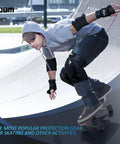 Person wearing All Around Protection Gear Set For Inline Skating Roller Skating Skateboarding And Scootering Knee Pads Elbow Pads And Wrist Guards With Durable EVA Padding And Adjustable Straps Ideal For Ages 12 And Up while skateboarding on a ramp.