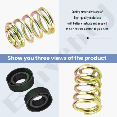 4 Pack Beefed-Up Compression Seat Springs Kit For Grasshopper And John Deere Mowers with 422127-4 Cap, three views shown.