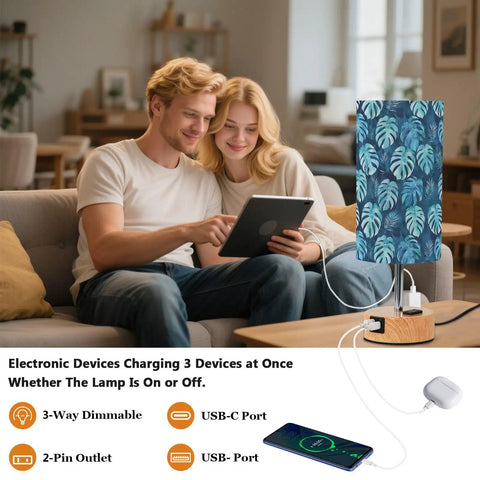 Watercolor Palm Leaf Blue Bedside Table Lamp With 3 Way Dimmable Touch Control And Built In Charging Station, living room setup