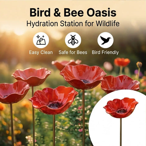 Metal Flower Garden Stake With Bee Bath And Bird Water Bowl For Pollinator Friendly Yard Decor Weather Resistant Outdoor Garden Art Gift For Bird Lovers Red 5 Pack