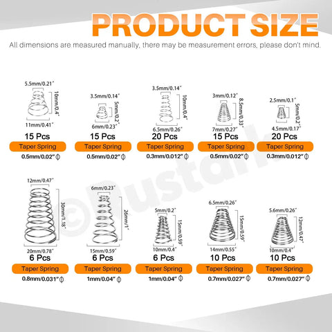 Diagram of Stainless Steel Conical Compression Spring Set 123-Piece 10-Size Assortment Kit showing dimensions and piece counts.