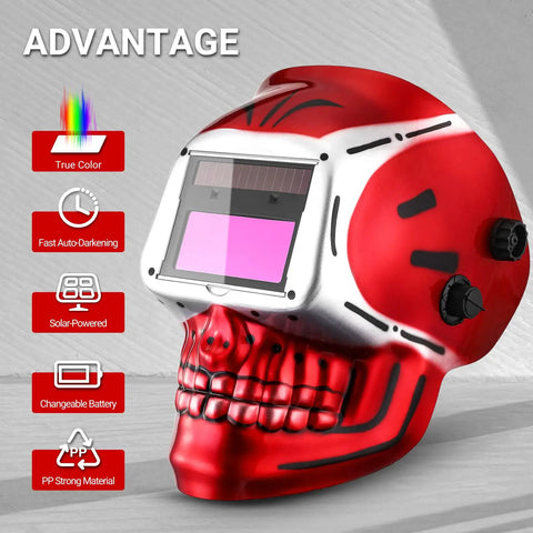 Auto Darkening Welding Helmet With True Color View Solar Powered Skull Design For MMA MIG TIG And Plasma Large 3.62 X 1.65 Inch Viewing Window Ultra Fast Shade Change 1/25000 Second Pro Grade Fit And Durable Hood, side view