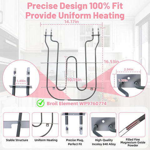 Heavy Duty Oven Broil Heating Element Replacement For KitchenAid And Whirlpool Ranges Stoves Ovens Fits WP9760774 Replaces 8301514