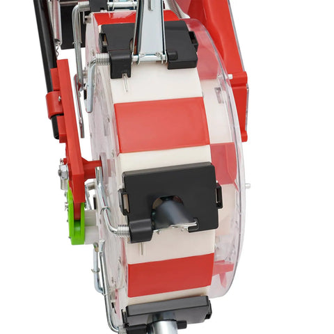 Close-up of Hand Push Garden Seeder With Seven Nozzles For Precision Row Planting showing mechanism and seed box.