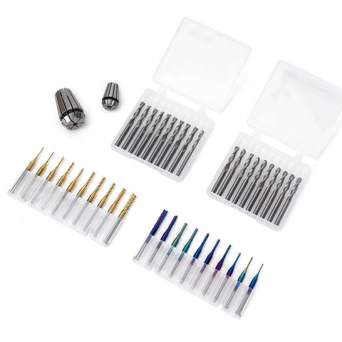 LUNYEE 40pc CNC router bit set with ER11/ER16 collets; gold- and blue-coated end mills in plastic cases