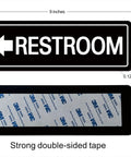Left Arrow Restroom Sign For Businesses Durable Frosted Acrylic With Super Strong Self Adhesive Simple Fast Install 9 By 3 Inches Black Directional Office And Commercial Premises Sign, showing size and adhesive tape details.