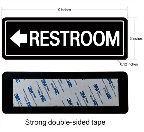 Left Arrow Restroom Sign For Businesses Durable Frosted Acrylic With Super Strong Self Adhesive Simple Fast Install 9 By 3 Inches Black Directional Office And Commercial Premises Sign, showing size and adhesive tape details.